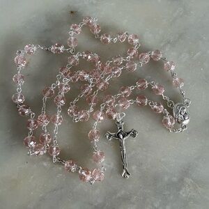Elegant Silver and Pink Crystal Rosary Necklace
